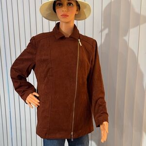 Chico's Rich Brown Asymmetric Zip Suede-Look Jacket
